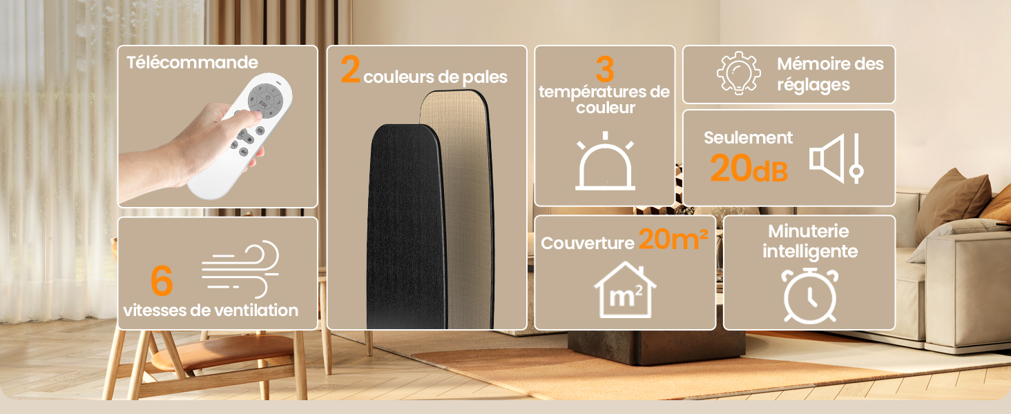 à grande tour noire dans le salon. Les fonctionnalités incluent la télécommande, 2 options de couleur, une température réglable, un niveau de bruit de 20 dB, une couverture de 10 m et une planification intelligente