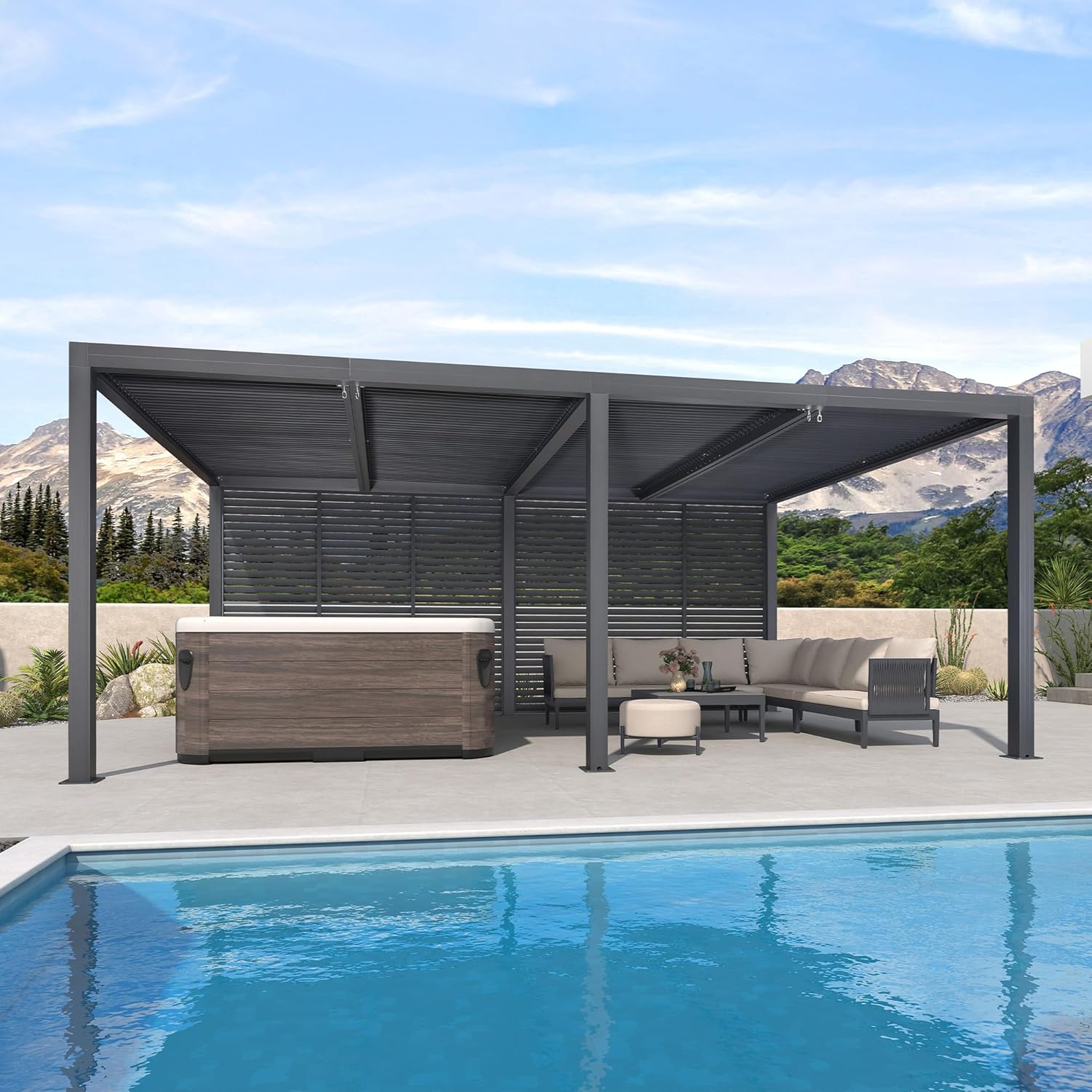 jardinite - Pergola bioclimatique 6x3,68m alu, lames orientables, persienne fixe