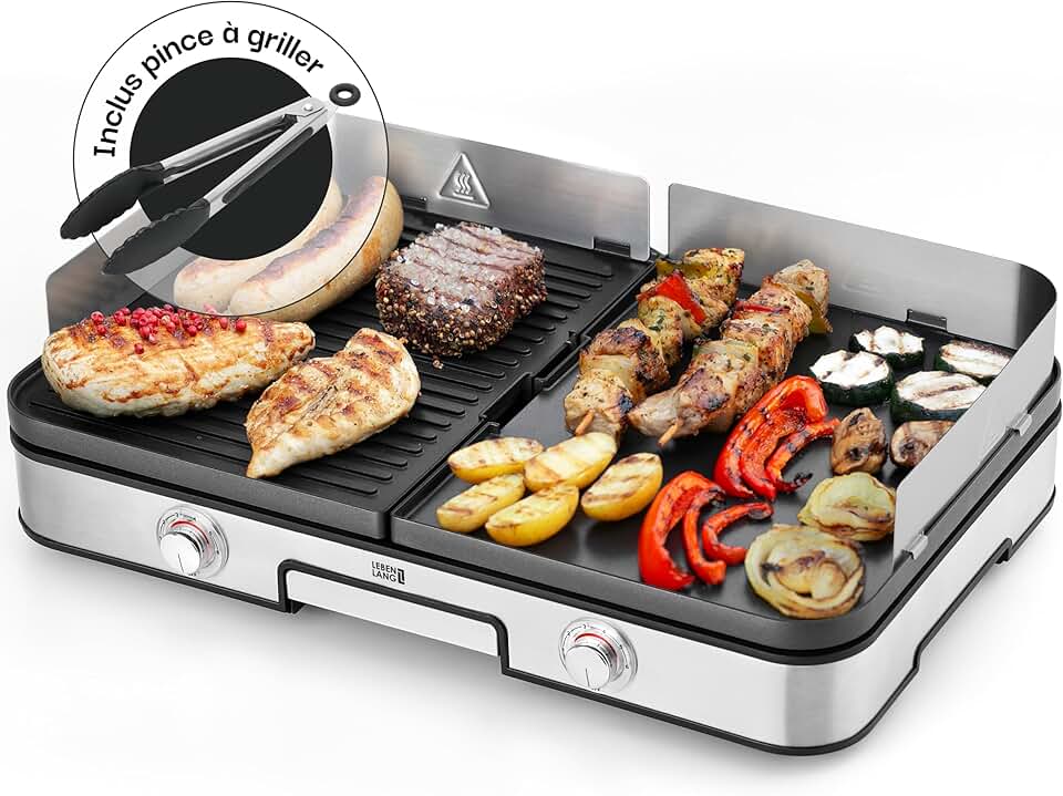 jardinite - plancha électrique inox - XXL - 2400W, pince barbecue, intérieur/extérieur, protection éclaboussures - LEBEN