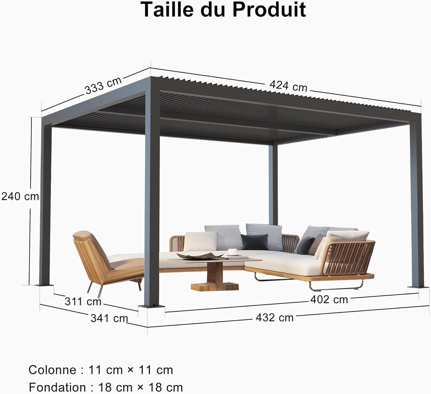 jardinite - pergola bioclimatique - 4,24x3,3m - alu, persienne fixes, gris
