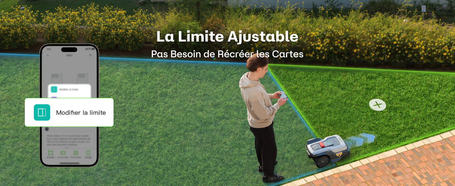 Le texte indique « La Limite Ajustable » (Limite ajustable). Cadre extérieur vert montrant une pelouse ou un terrain de sport avec superposition d'interface pour appareil mobile.