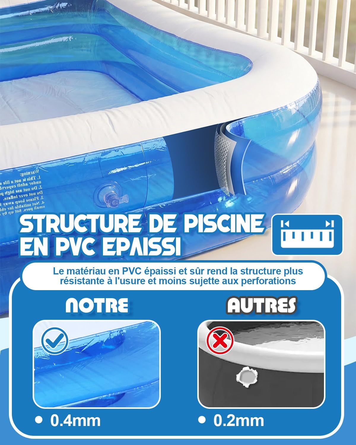 Piscine gonflable - rectangulaire - 260x155x45cm - grandes dimensions, usage intérieur/extérieur