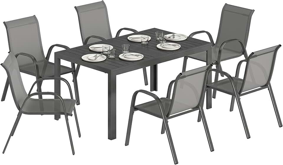 jardinite - Salon de jardin extérieur 7 pcs - 150cm - table à lattes, acier antirouille, 6 chaises empilables, gris clair