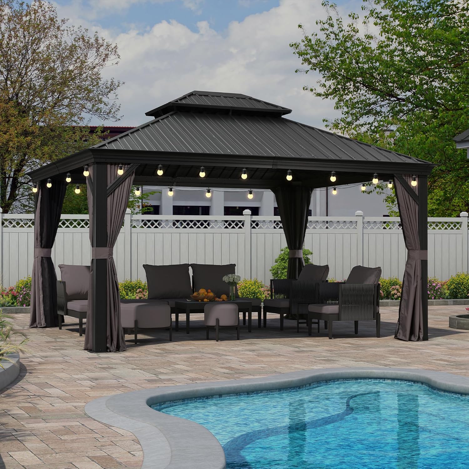jardinite - tonnelle aluminium - 4,25x3 m - éclairage, rideaux, gouttière, poteaux renforcés