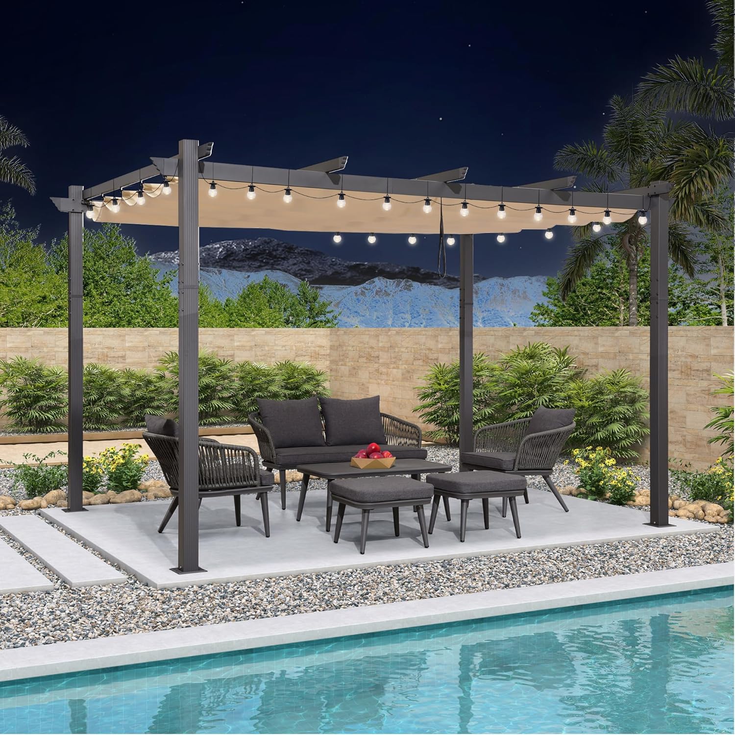 jardinite - Pergola aluminium LED, toit rétractable, 4x3m, kaki
