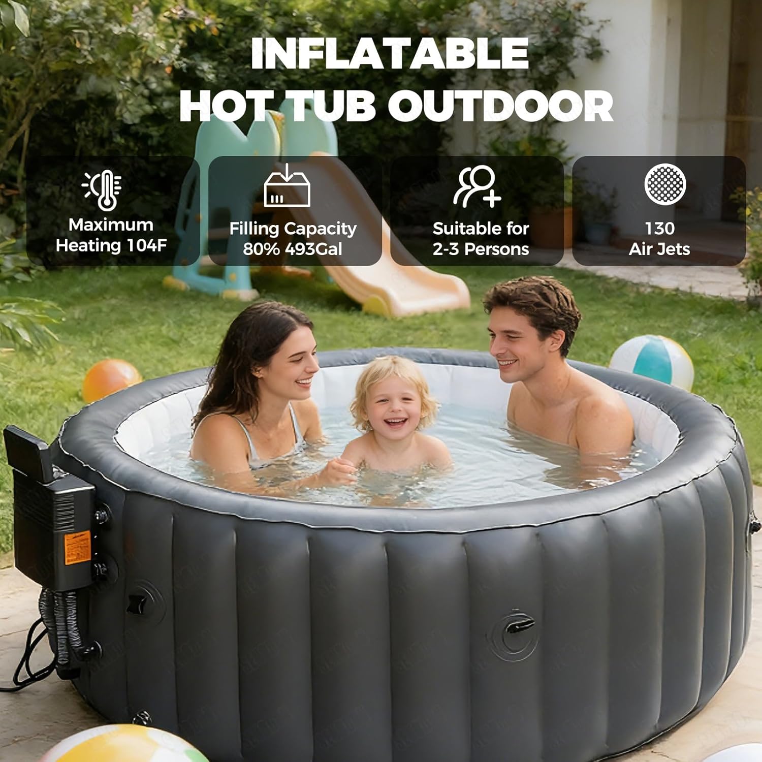 Spa Gonflable Portable d'extérieur 72 Pouces (183 cm) pour 2 à 4 Personnes, 110 Jets d'air, avec Chauffage, Filtre et Tapis de Sol Inclus