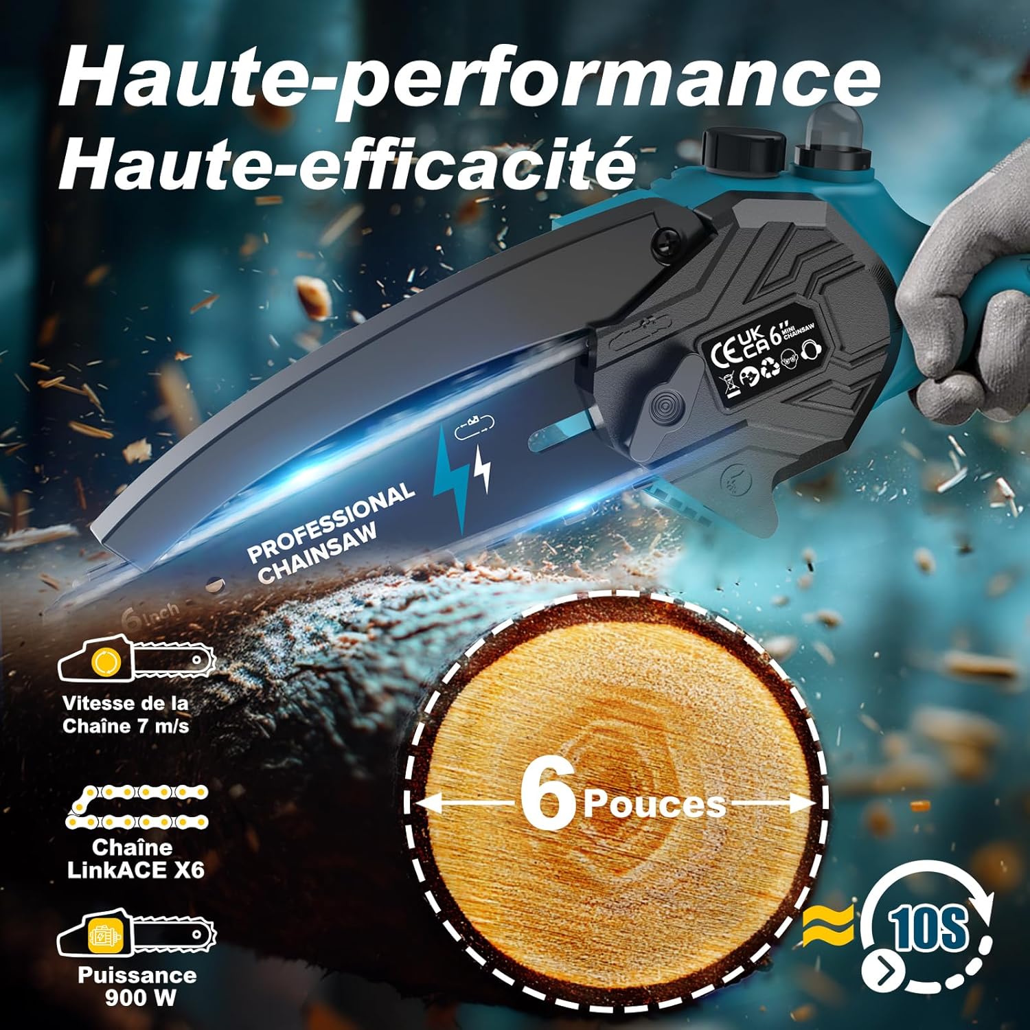 Mini Tronconneuse a Batterie 6 Pouces, 900W Tronconneuse Electrique Sans Fil avec 2x4000mAh, Chaîne Supplémentaire, Chargeur, Boîte à Outils, Elagueuse Batterie pour l'élagage le Jardin Projets DIY