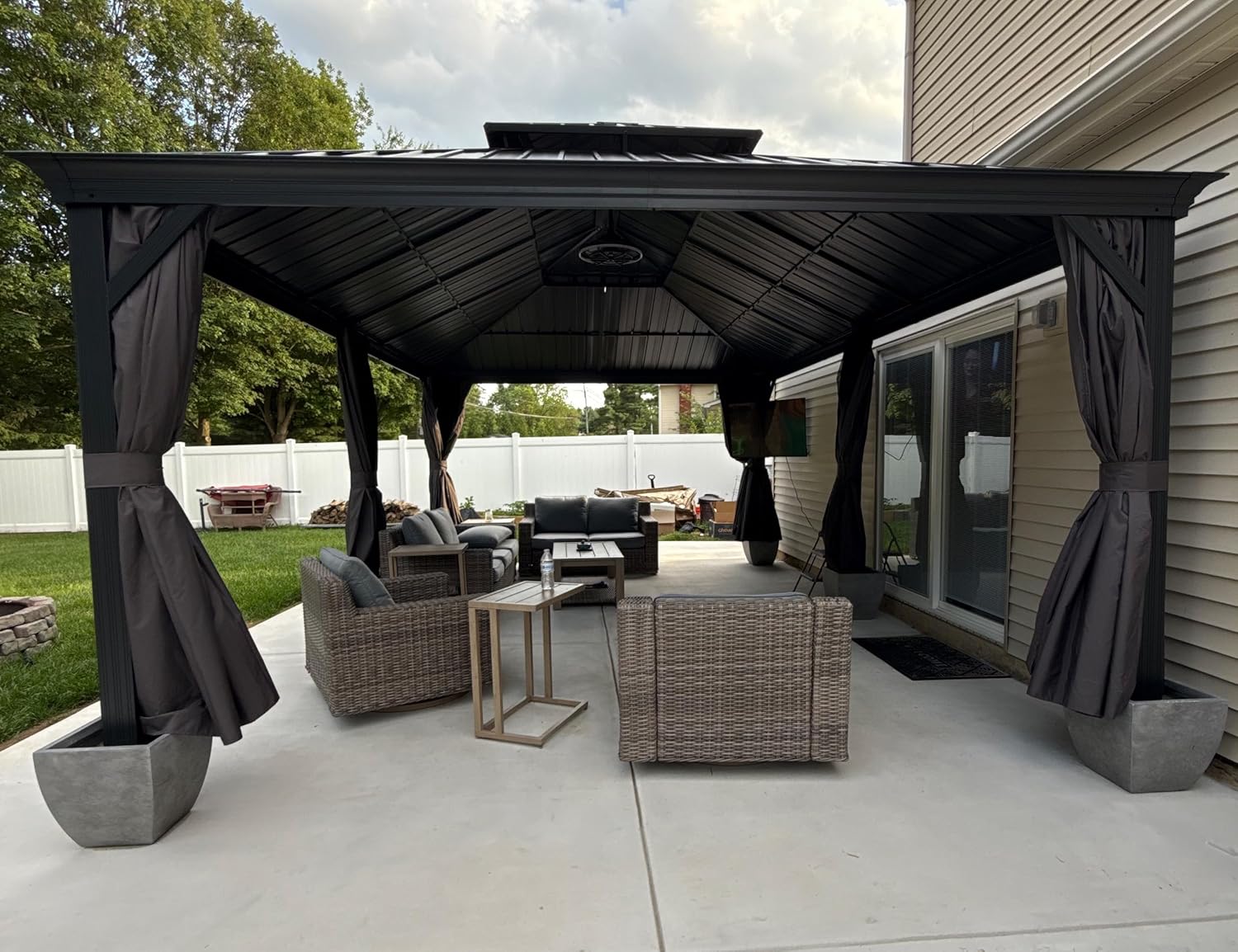 jardinite - tonnelle toit double acier, 6x4,25m, moustiquaire, rideaux