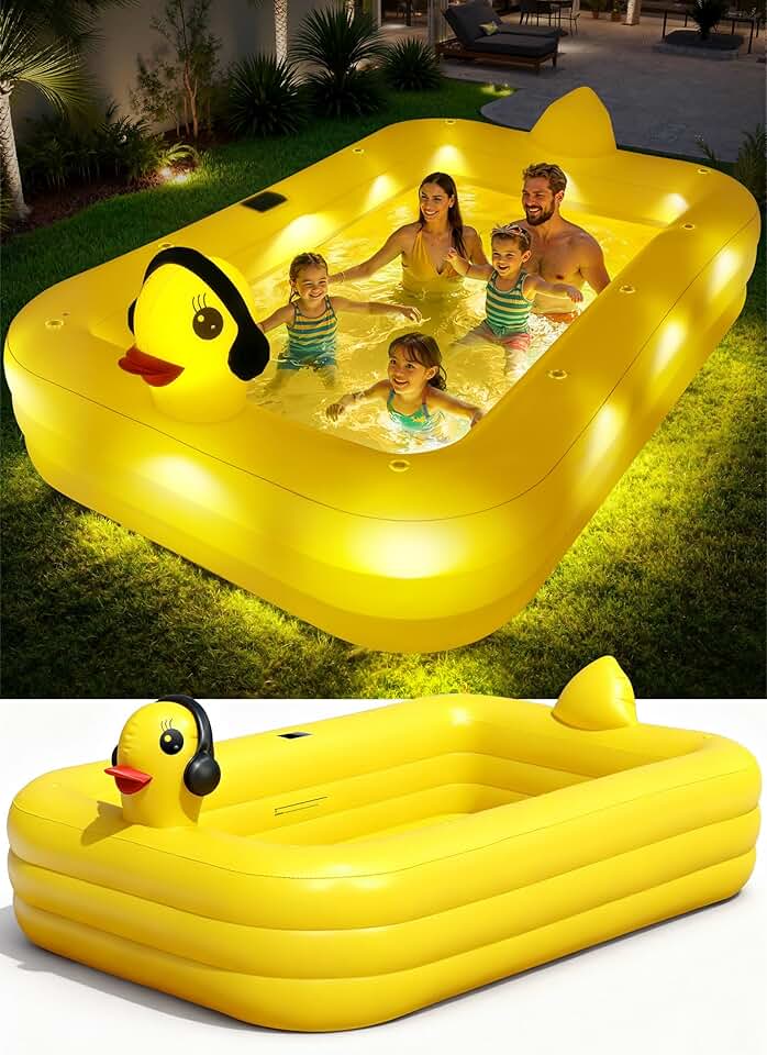 jardinite Piscine Gonflable avec Lumières, Caneton Piscine Rectangulaire Gonflable Solaire, Pataugeoire Grande pour Enfants et Adultes,254 x 160 x 56 cm Piscine Familiale Hors Sol pour Jardin,Extérieur