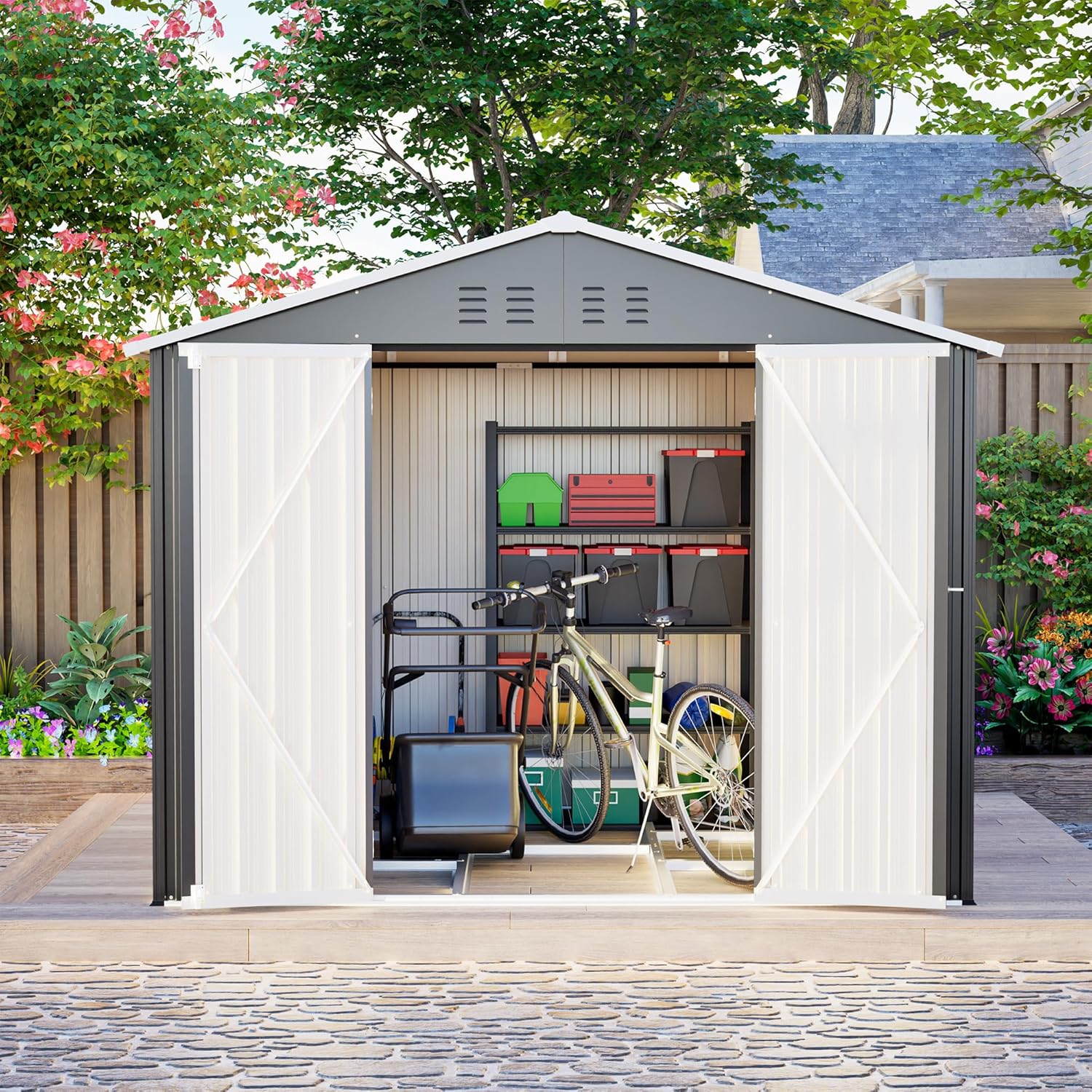 Abri de jardin métal – robuste, 2,4 x 1,8 m, porte rabattable, résistant intempéries, terrasse