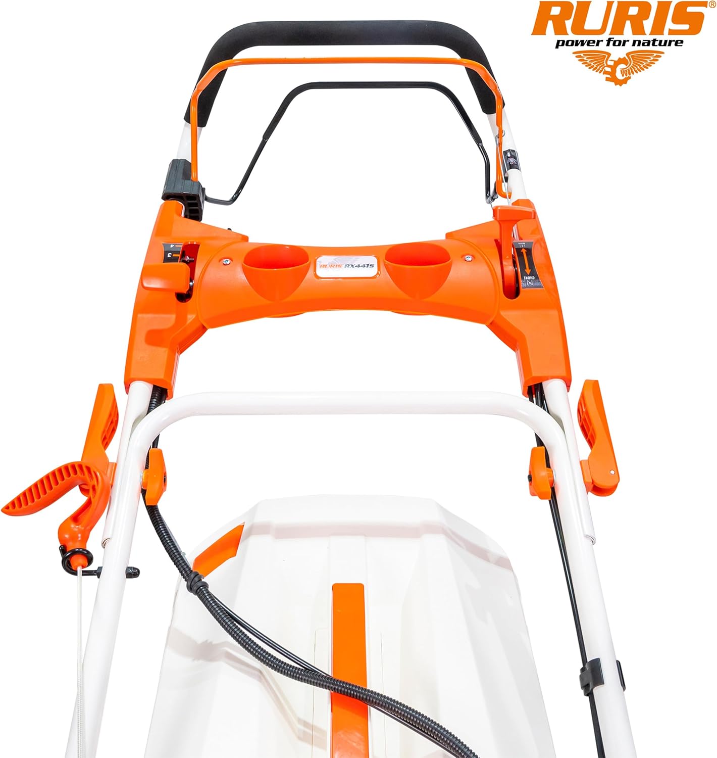 RURIS Tondeuse à Gazon Thermique RX441S 5,7 CV – Largeur 51 cm, Démarrage Électrique, Autopropulsée à Vitesse Variable, 5 Fonctions, 2000 m², Bac 65L, Orange