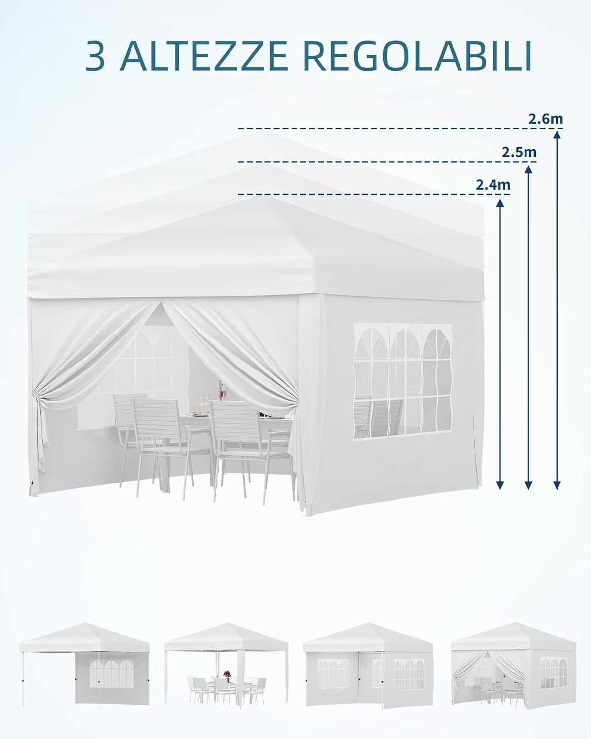 Gravee Tonnelle Pliante 3x3 m – Tente Pop-Up Robuste pour Jardin, Imperméable et Anti-UV avec Parois Latérales et Sac de Transport (Blanc, 3x3m)