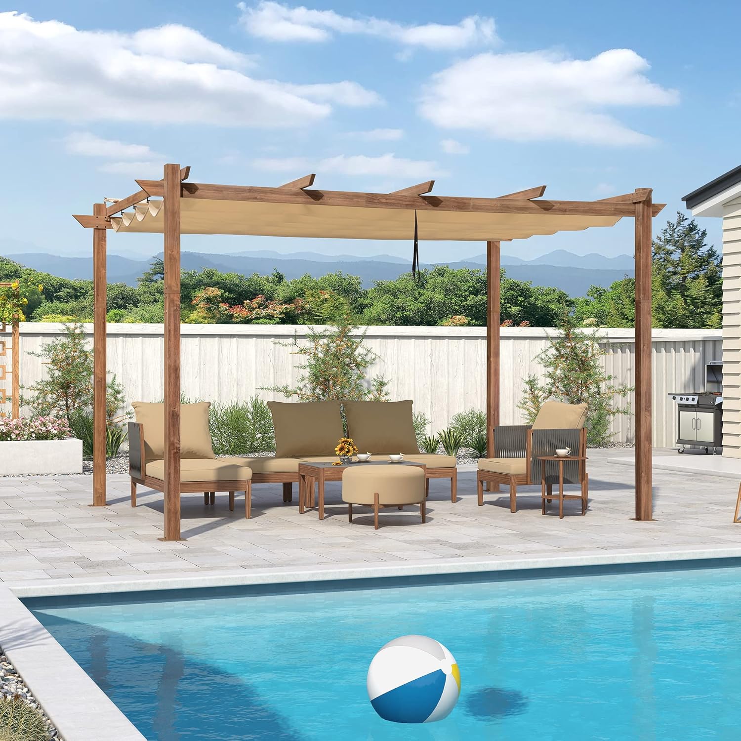 jardinite - pergola aluminium 4x3m teck, toile rétractable, kaki