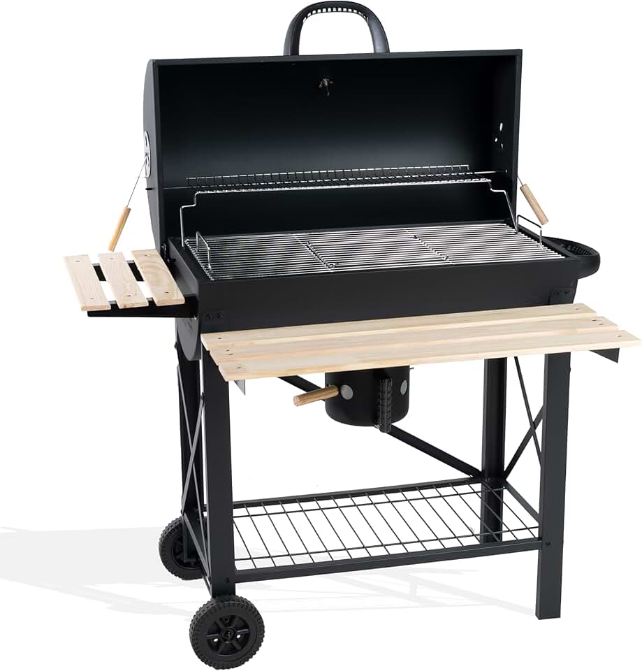 Barbecue charbon de bois XXL - 71x38 cm - couvercle, 2 tablettes, récupérateur de cendres