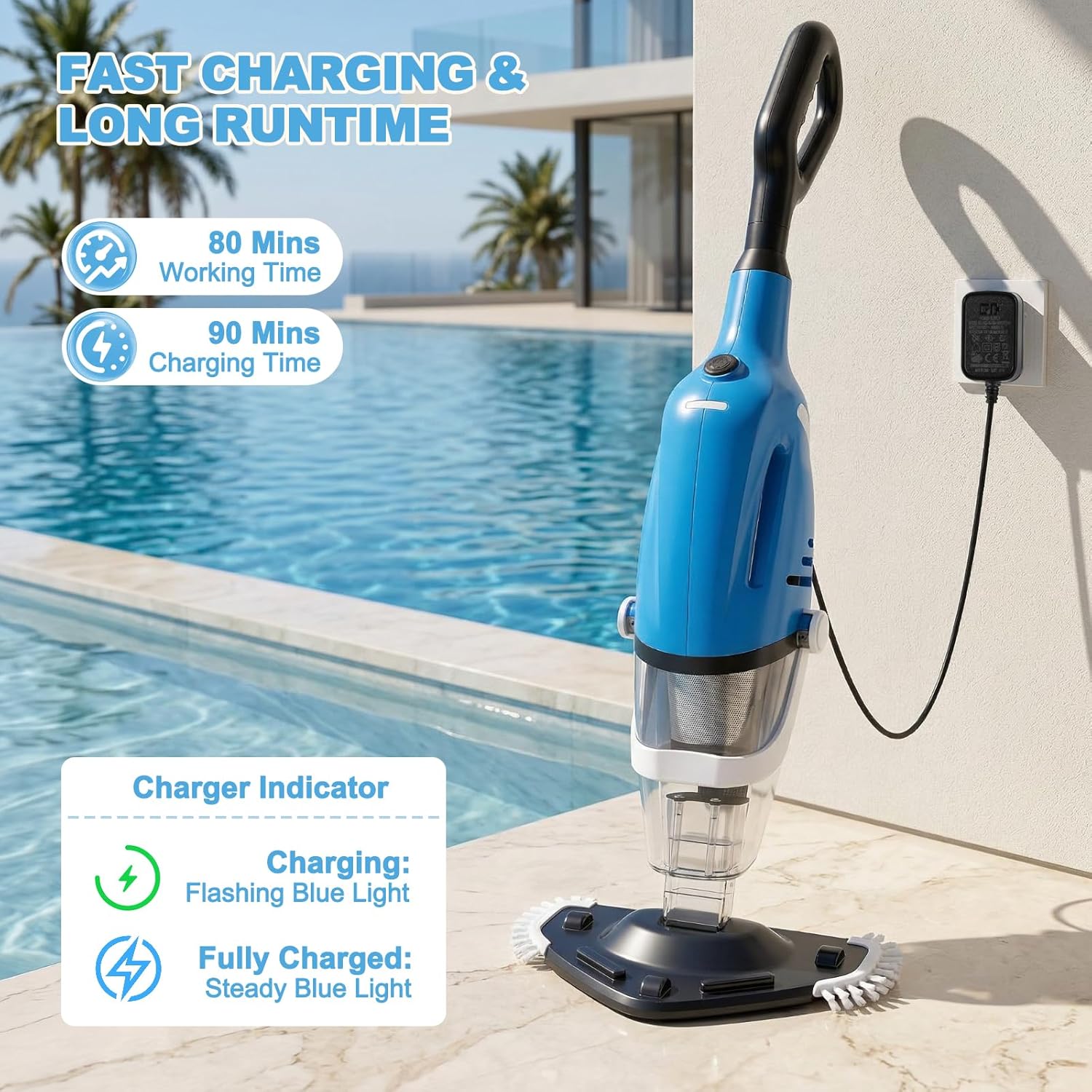 Aspirateur Piscine, Aspirateur Spa Rechargeable avec Aspiration Puissante 40 L/Min, Manche Télescopique de 131 à 199 cm, Capteur Automatique, 2 Têtes de Brosse pour Spas, Jacuzzis et Piscines