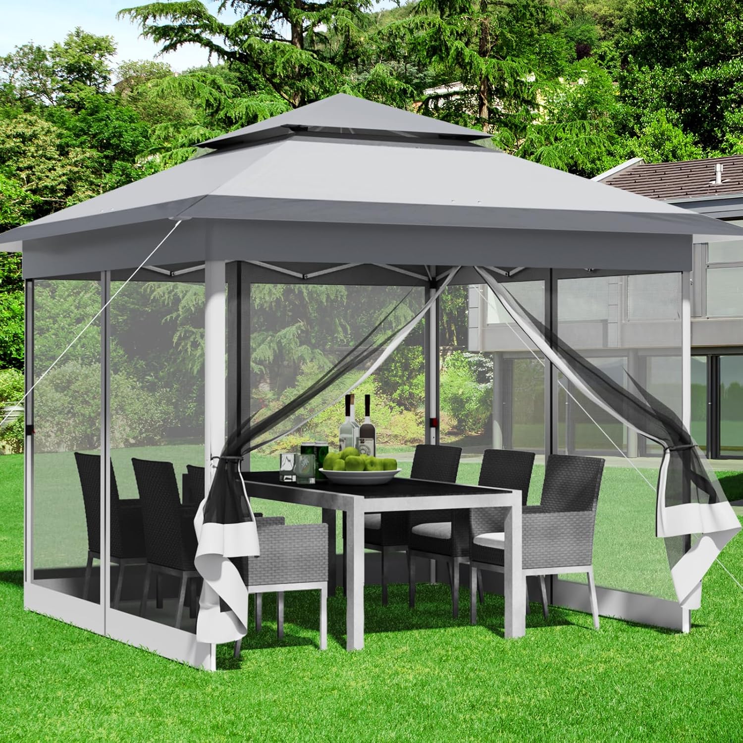 Tonnelle pliante - imperméable 3,3x3,3m - moustiquaires, double toit, sacs de sable