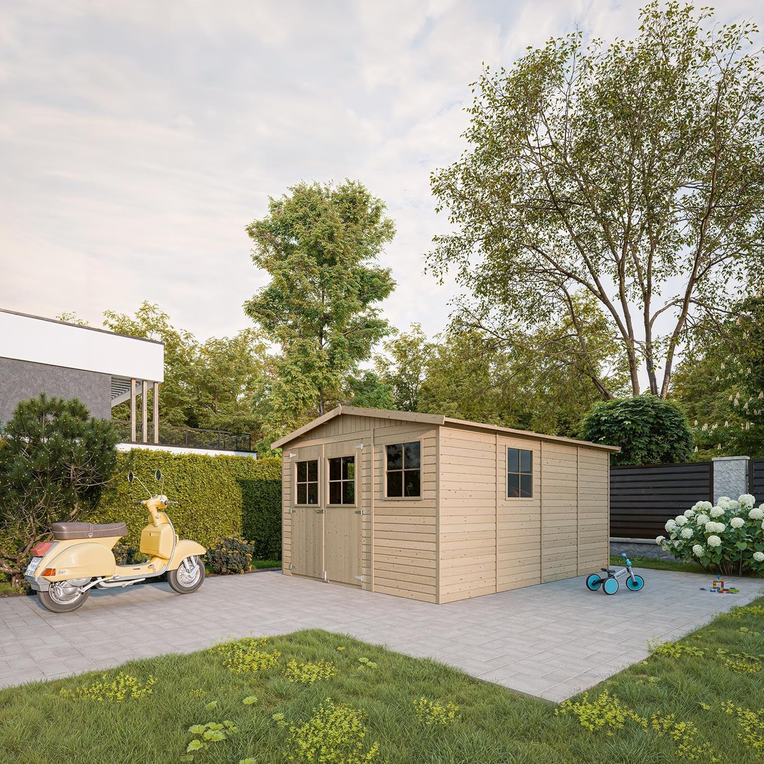 ABRI de Jardin en Bois Exterieur avec Les PLANCHERS IMPRÉGNÉ - en Pin/épicéa- H226x324x416 cm/12 m²- Construction de Panneaux- Rangement pour vélos, Remise à Outils- jardinite M336+M336G