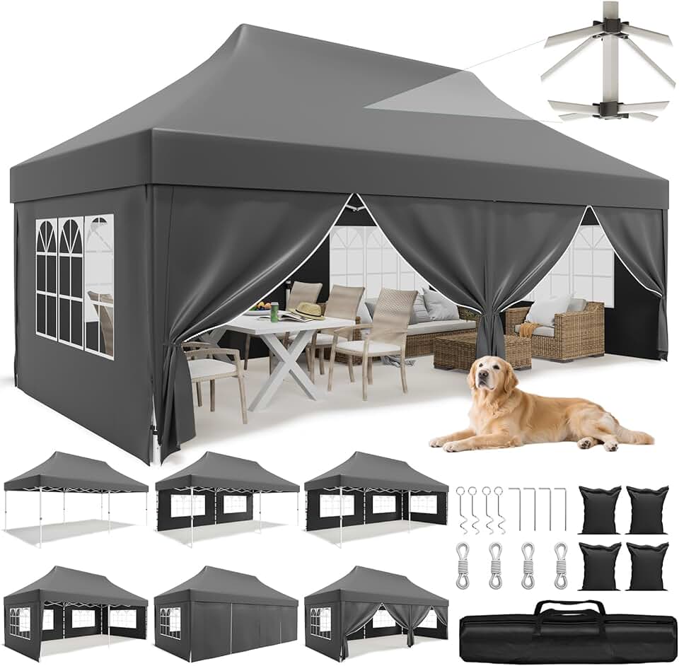 jardinite - Tonnelle pliante série 3x6m, hauteur intérieure +10cm, toile imperméable, gris