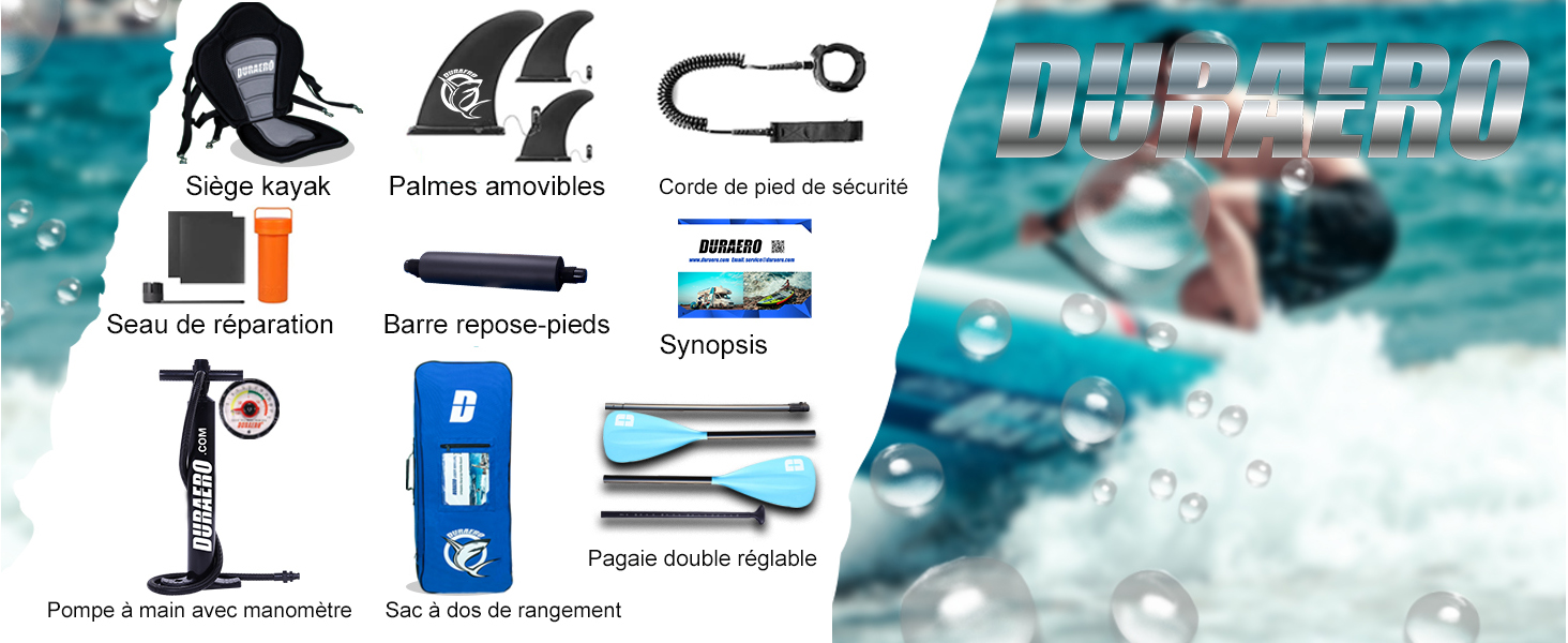 Collection d'accessoires de plongée comprenant un tuba, un masque, des palmes et divers outils sur un fond sous-marin flou avec le texte