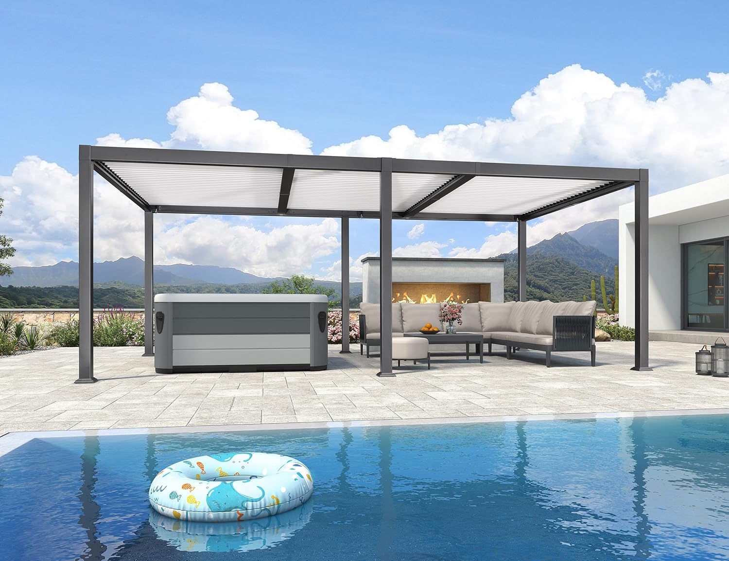 jardinite - pergola bioclimatique - 6,35x3,5m - aluminium gris, poteaux blancs, lames orientables