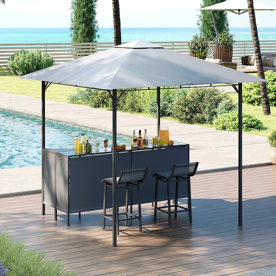jardinite 3 Pcs Abri Barbecue Jardin Exterieur avec Bar Exterieur, Tonnelle Barbecue avec 2 Tabourets Bar, Rangement, Plateau en Verre Trempée,Porte-Verres, en Métal avec Double Toit, 245 x 245 x 243CM