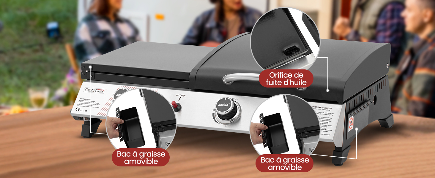Grand gril plat en acier inoxydable avec deux surfaces de cuisson, des commandes de température et un bac de récupération des graisses. Les caractéristiques mises en évidence incluent une distribution uniforme de la chaleur et un nettoyage facile