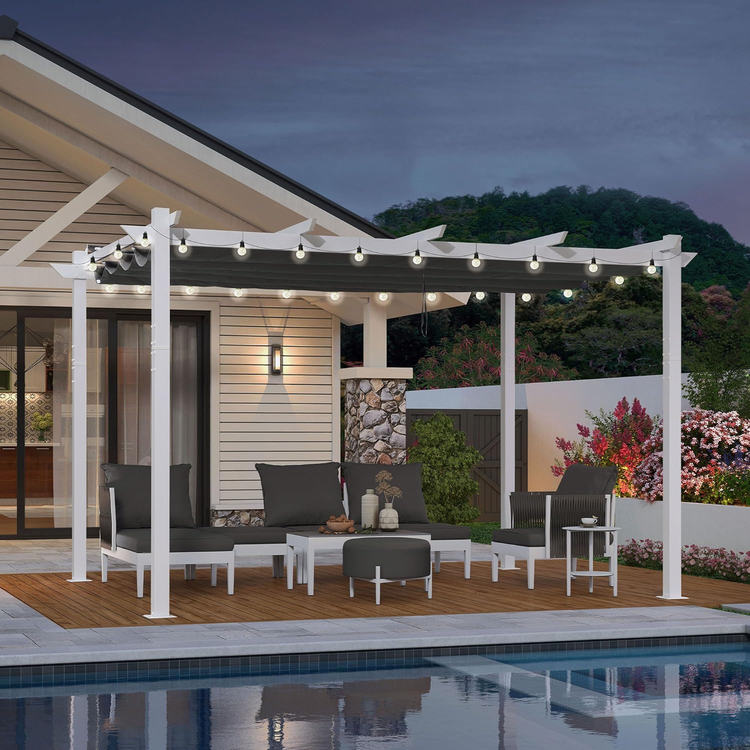 jardinite - pergola aluminium - 4x3m - éclairage intégré, toit protégé, blanc/gris