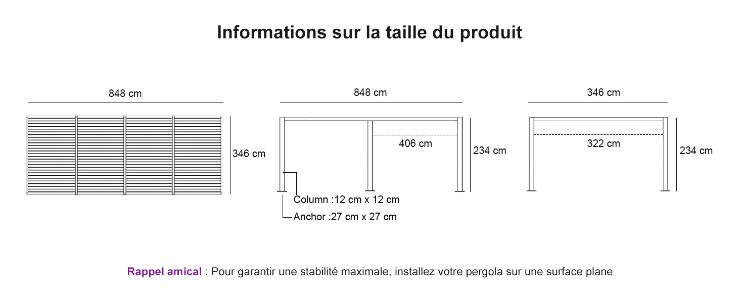 Le texte se lit comme suit : « Informations sur la taille du produit ». Schéma technique montrant les dimensions détaillées du produit avec plusieurs mesures et spécifications d'espacement.