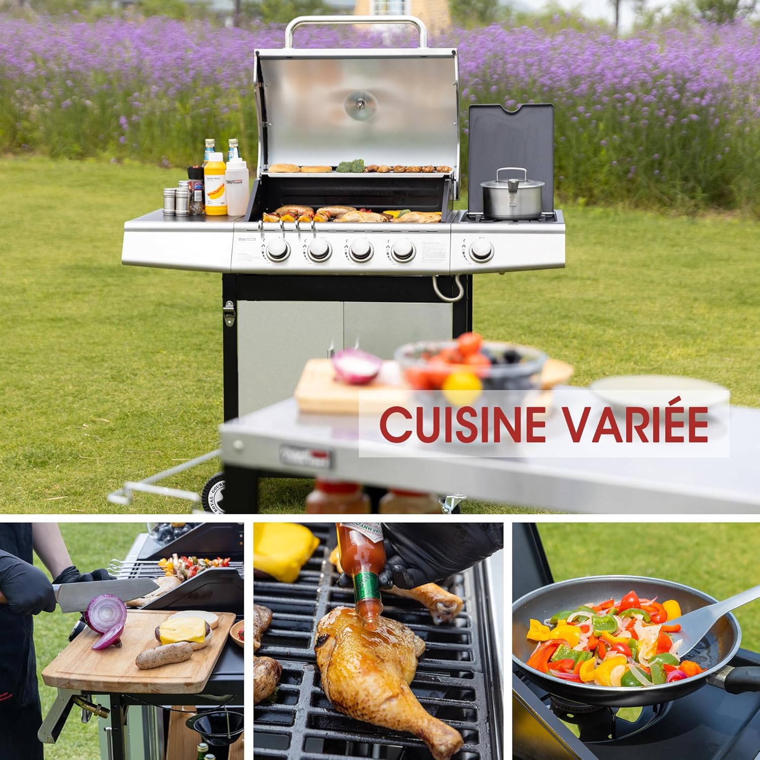 jardinite - Barbecue Gaz 4+1 brûleurs inox - 14,5kW - 2 portes, thermomètre, roues directionnelles