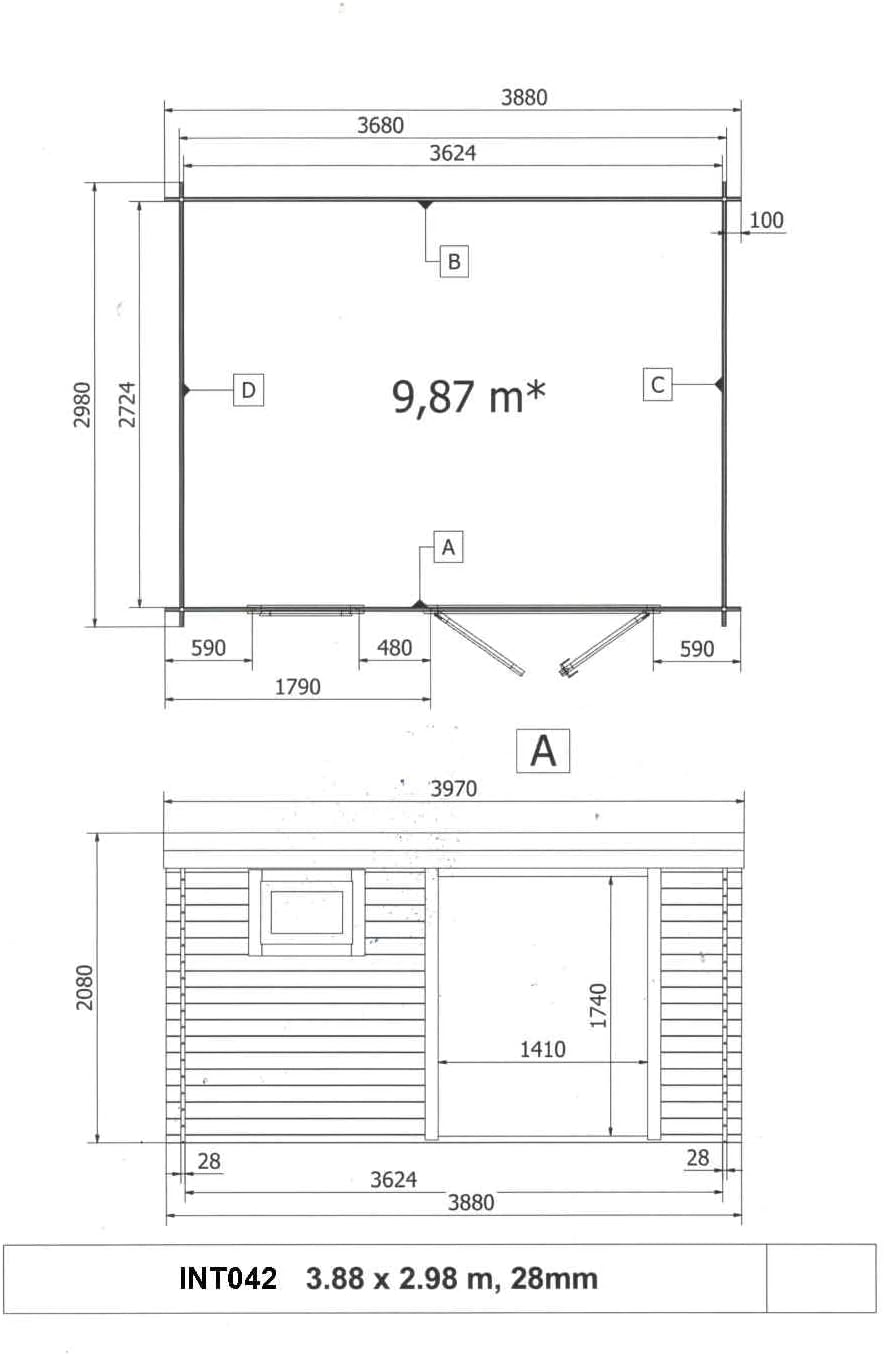 Abri de Jardin - bois traité 28mm, 9,9m² espace utile - INT042