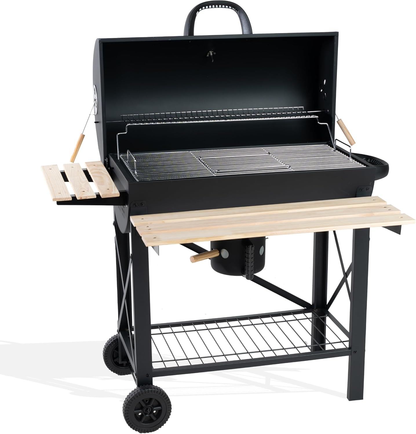 Barbecue charbon de bois XXL - 71x38 cm - couvercle, 2 tablettes, récupérateur de cendres