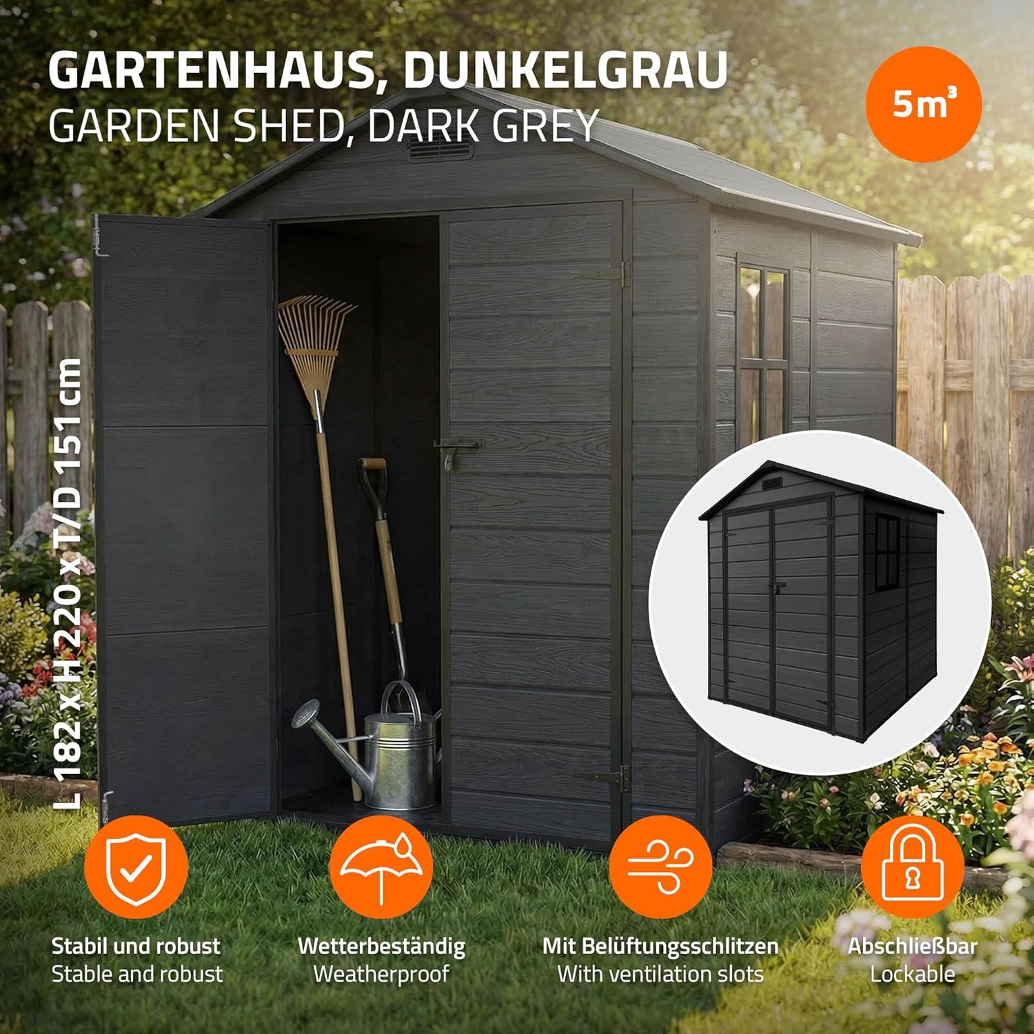 jardinite - Abri de jardin résine 151x182x220 cm double porte, 5m³, fenêtre, ventilation