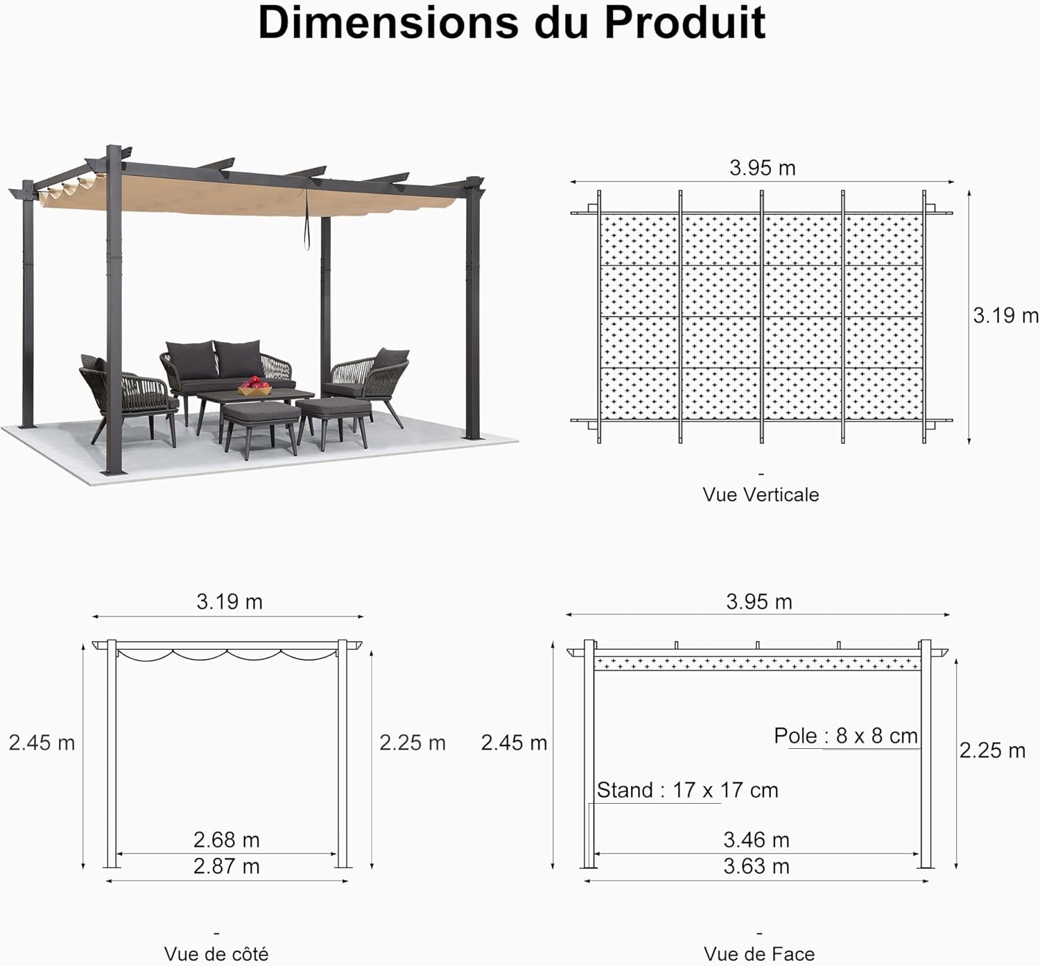 jardinite - Pergola Aluminium - 4x3,2m - LED intégrée, toit rétractable, kaki