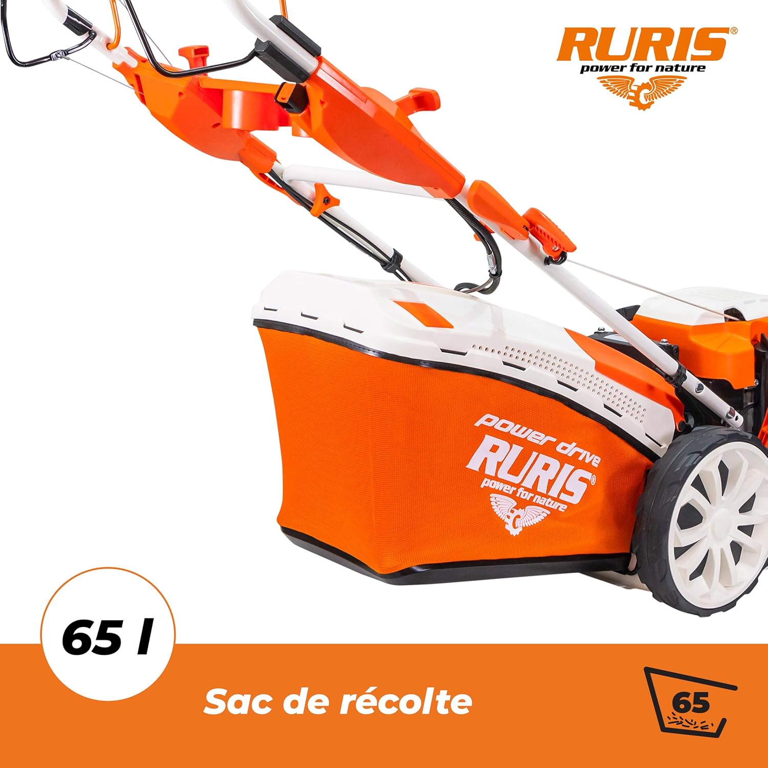 RURIS Tondeuse à Gazon Thermique RX441S 5,7 CV – Largeur 51 cm, Démarrage Électrique, Autopropulsée à Vitesse Variable, 5 Fonctions, 2000 m², Bac 65L, Orange