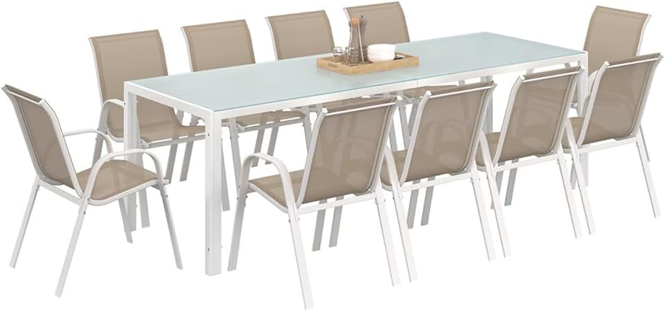 jardinite - Madrid salon de jardin 240 cm table + 10 chaises blanc/beige