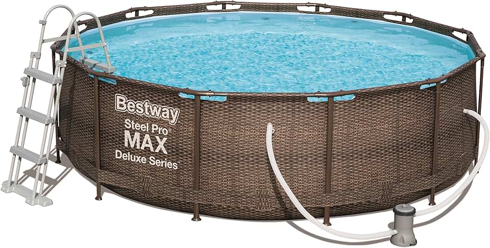 jardinite Power Steel Deluxe Piscine Tubulaire Ronde avec Cadre en Acier Solide Kit Complet Aspect rotin 366 x 100 cm, Marron