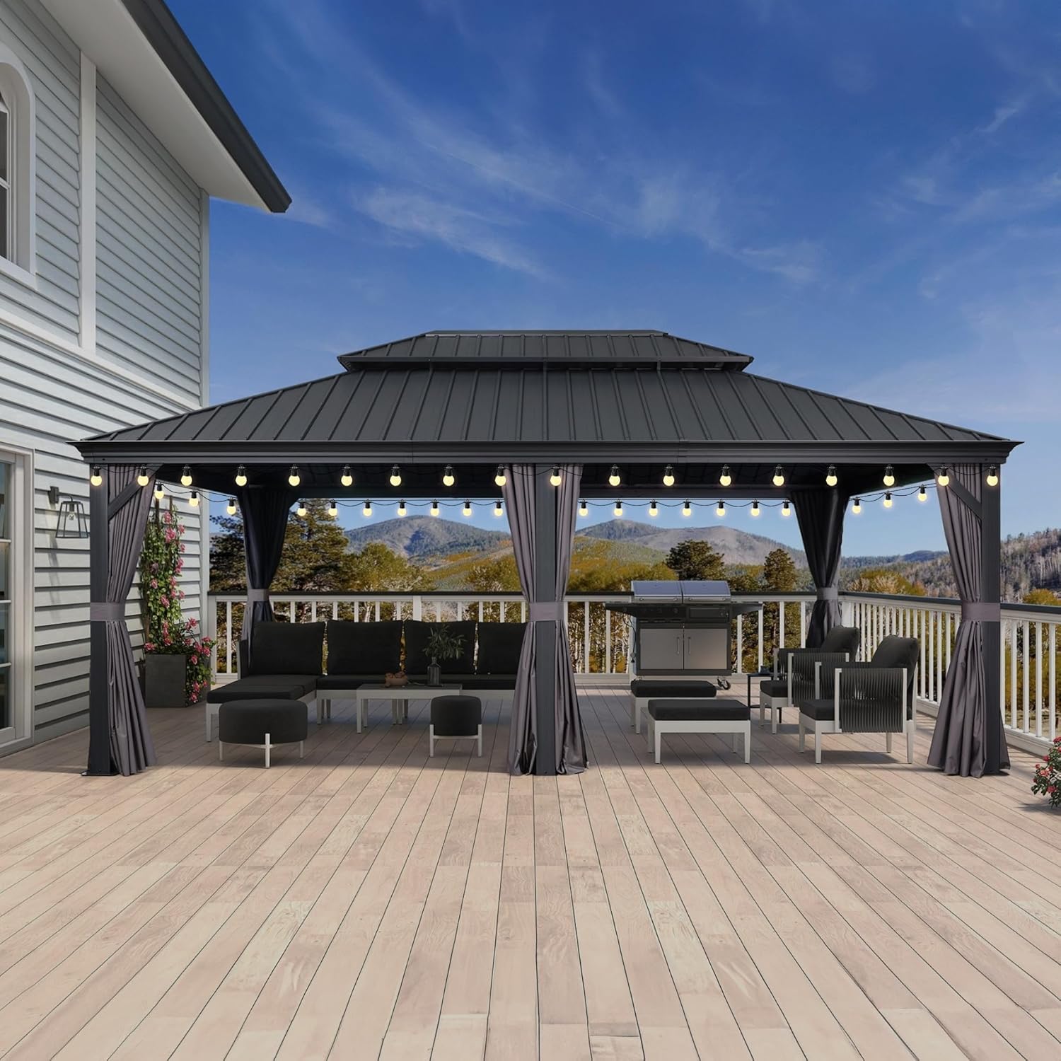 jardinite - Pergola série extérieure - 7.32x4.25m - alu, éclairage, moustiquaire, rideaux, gouttière, poteaux renforcé