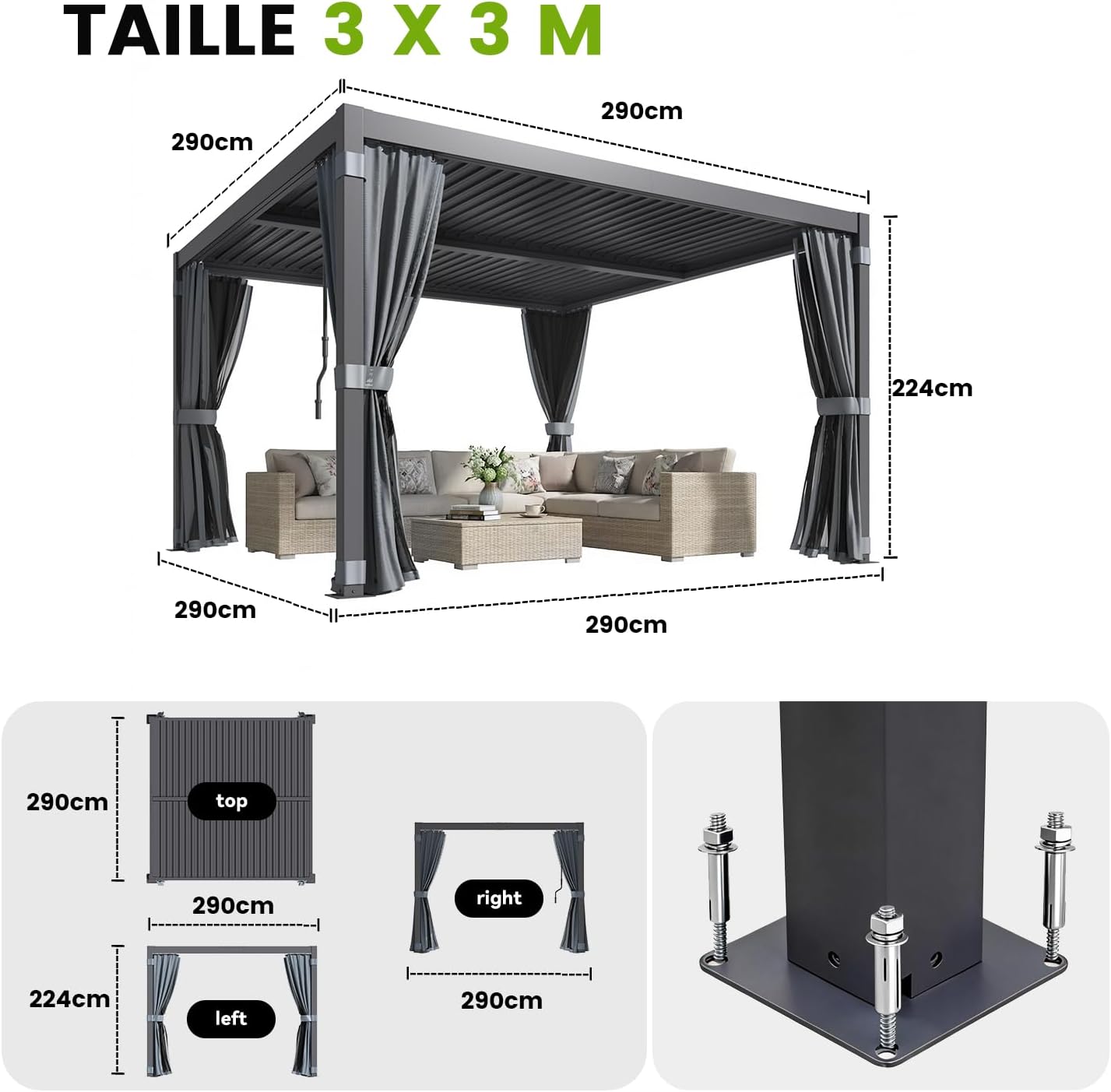 Pergola bioclimatique - aluminium/acier - 3x3 m - toit à lames, rideaux étanches