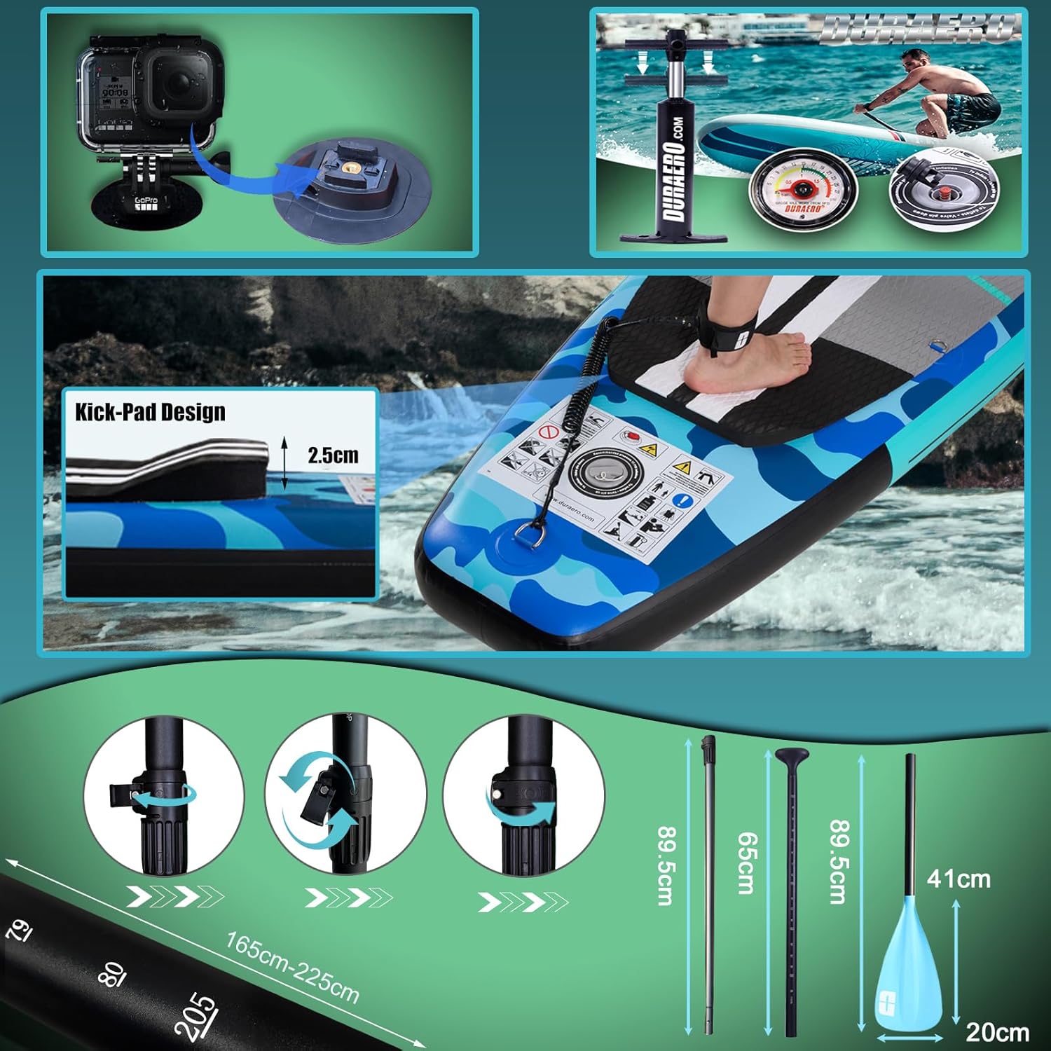 Planche de Stand Up Paddle Gonflable, 330x76x15 cm, kayak, 150 kg, kick-pad, caméra, camouflage Blue