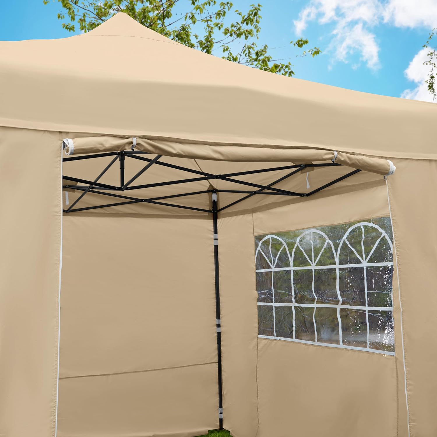 AllSeasonsGazebos Pavillon Ultra-résistant à Ouverture instantanée de 3m x 3m avec 4 Poids léger Panneaux latéraux + Sac de Transport sur Roues et 4 Sacs de Poids pour Les Pieds (Beige 2)
