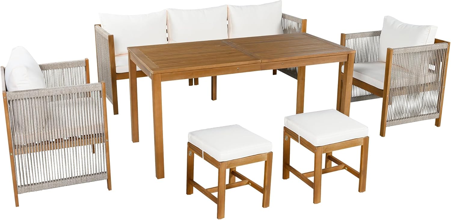 Salon de jardin - ensemble 7 places - canapé et table acacia - extérieur beige