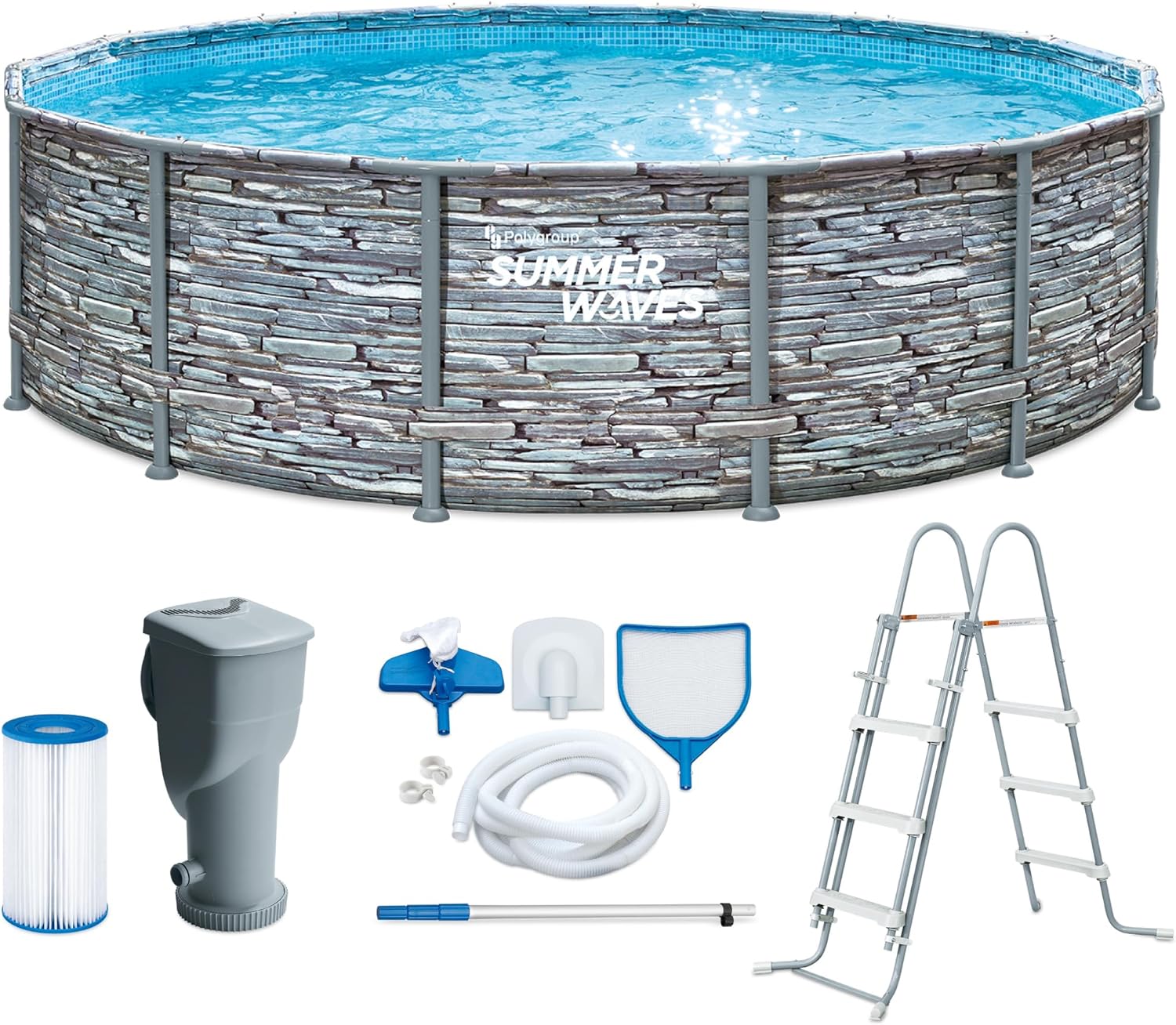 jardinite - Frame Pool Kit rond - 427x107 cm - aspect pierre grise, pompe à filtre