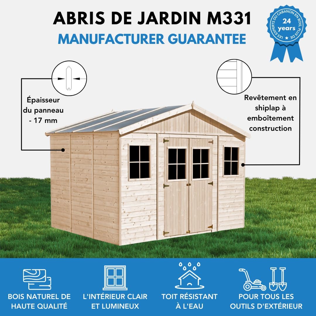Abri de Jardin en Bois Exterieur avec Plancher IMPRÉGNÉ- Chalet en Pin/épicéa-H246x418x320 cm/12 m²- Construction de Panneaux - Rangement pour vélos, Remise à Outils- jardinite M331+M331G