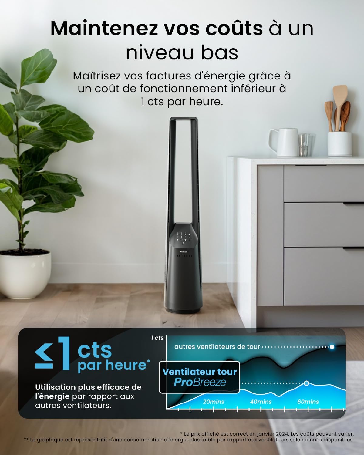 jardinite Ventilateur Colonne Sans Pale - Ventilateur Tour Silencieux, Hauteur 101 cm avec 6 Vitesses, Oscillation 60°, Ventilateur Sans Lame Rafraichisseur d'Air Bladeless Noir