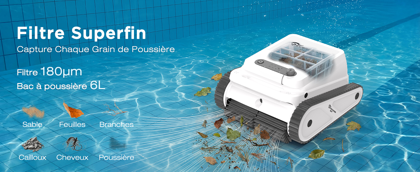 Le texte se lit comme suit : « Filtre Superfin, Filtre 180 μm, Bac 3 bouches 5L ». Illustration du filtre de piscine montrant un débit d'eau claire avec des graphiques de poissons et des spécifications techniques.
