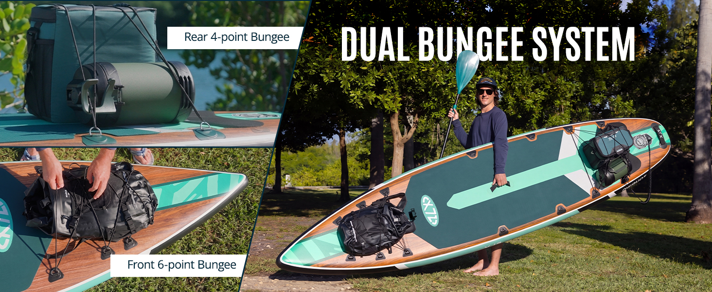Le texte indique « SYSTÈME À DOUBLE ÉLASTIQUE ». Scène extérieure montrant des jumelles attachées à une planche de kitesurf ou de wakeboard avec un système de fixation à double cordon élastique visible.