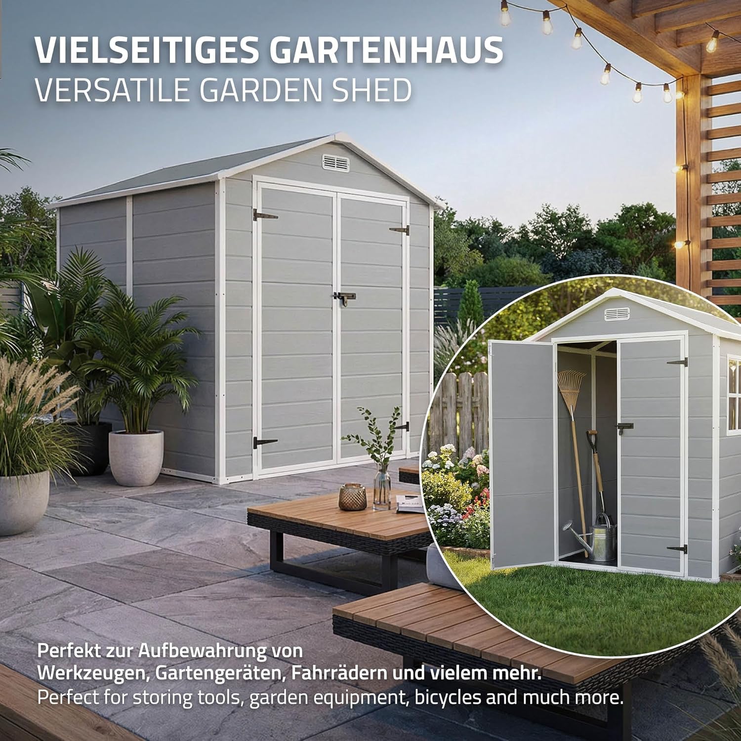 jardinite - abri de jardin résine, 151x182x220 cm, double porte, fenêtre, 5m³