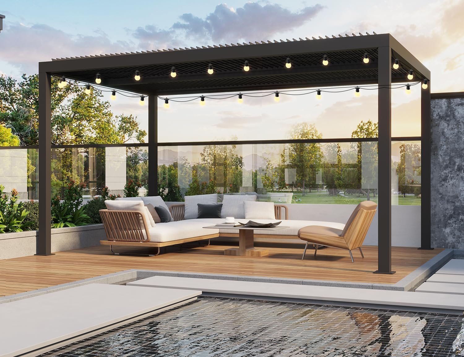jardinite - Pergola bioclimatique série aluminium - 4,6x3,3 m - lames orientables, éclairage intégré