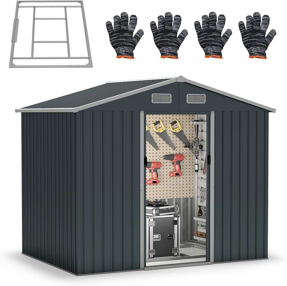 jardinite Abri de Jardin en Métal avec Toit à Pignon, 235 x 171 x 196 cm, 7,95 m³, Cabane de Jardin avec 2 Portes Coulissantes, 2 Fenêtres et Fondation, abri à Outils Extérieur, Haute Résistance