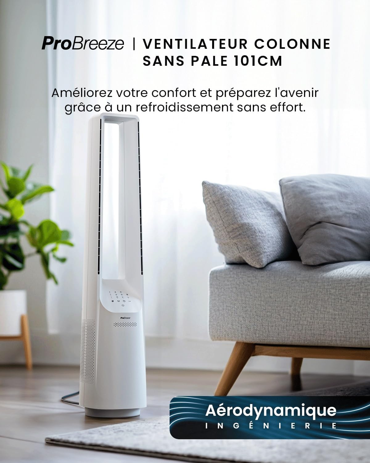 jardinite - Ventilateur Tour WiFi Intelligent 101cm - Silencieux, LED, télécommande, 6 vitesses, oscillation